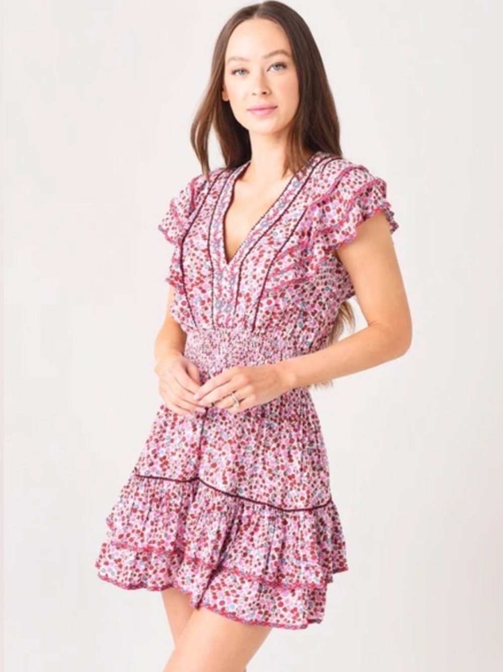 Poupette St Barth Mini Camila Ruffled Dress Size Medium Pink Floral Pattern
